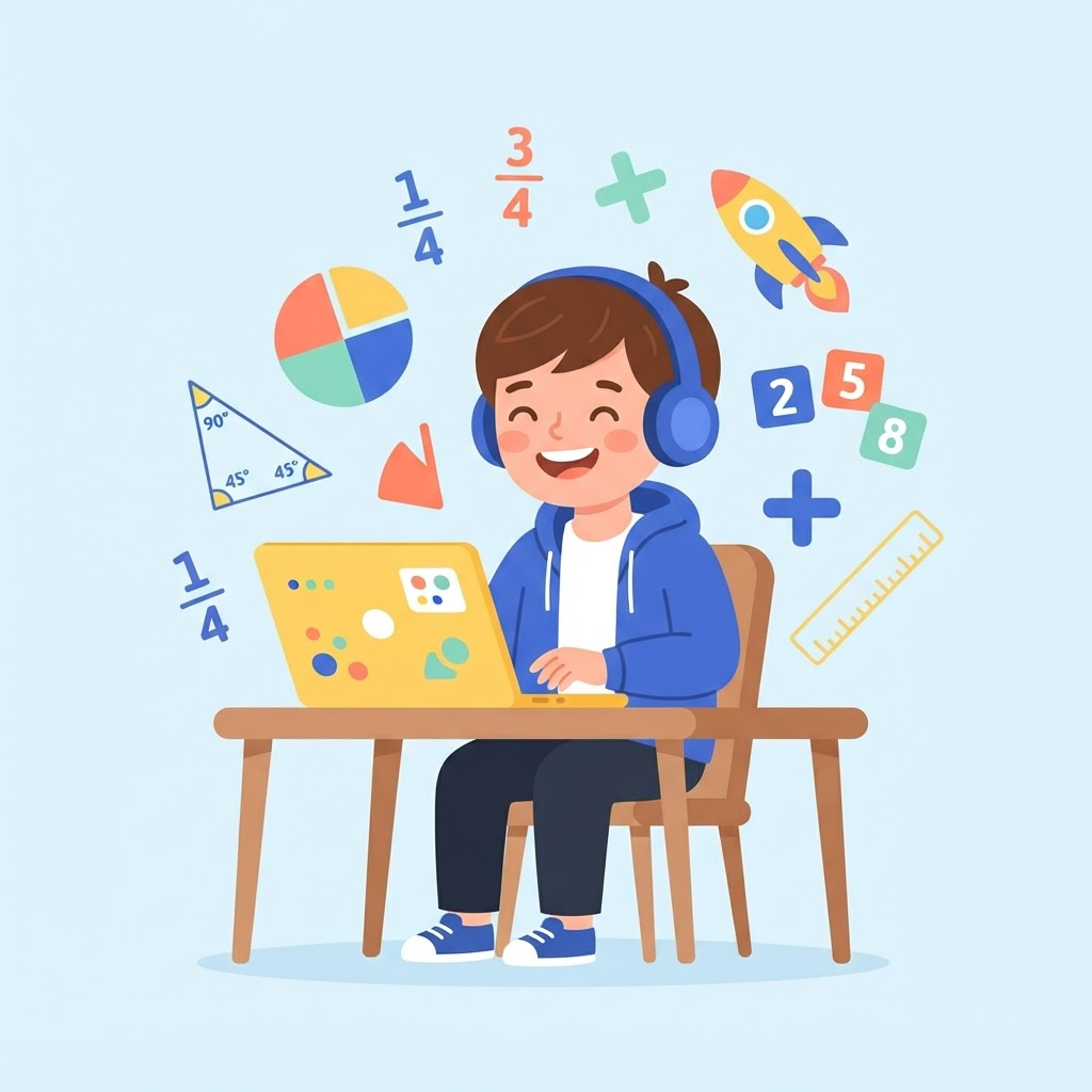 A smiling child learning math on a laptop, surrounded by fractions, shapes and numbers
