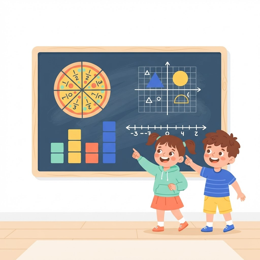 Two children pointing excitedly at a whiteboard showing fractions, blocks and shapes